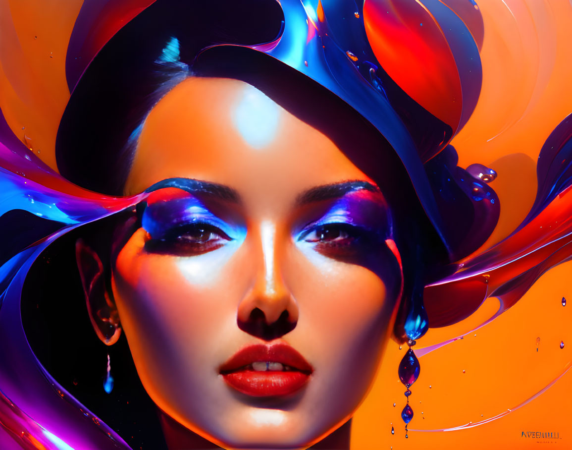 Colorful digital art: Woman's face with orange, purple, and blue swirls