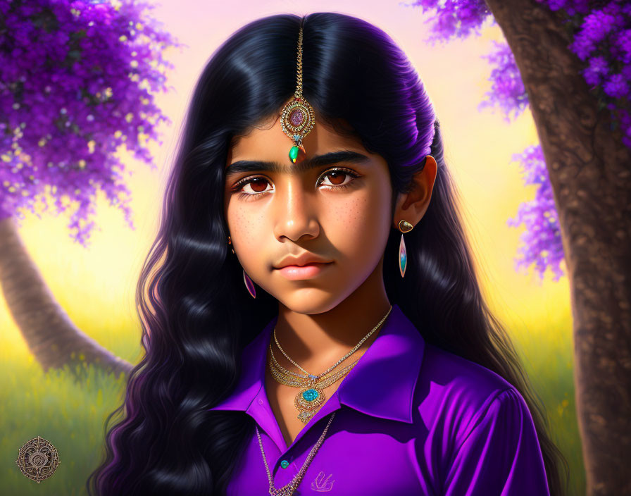 Digital portrait of young girl with long black hair and Indian jewelry, wearing purple top in front of purple