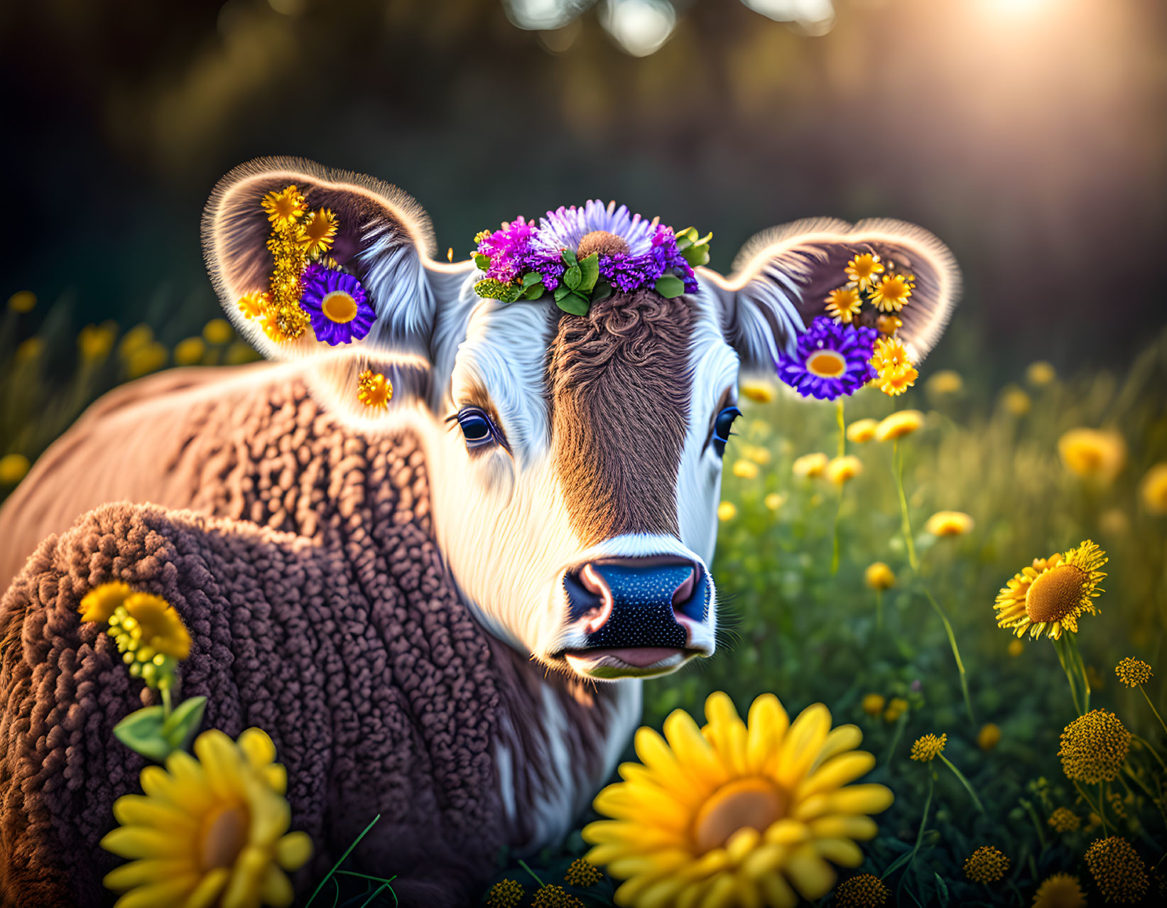 Cow with flower crown in sunflower field at sunset