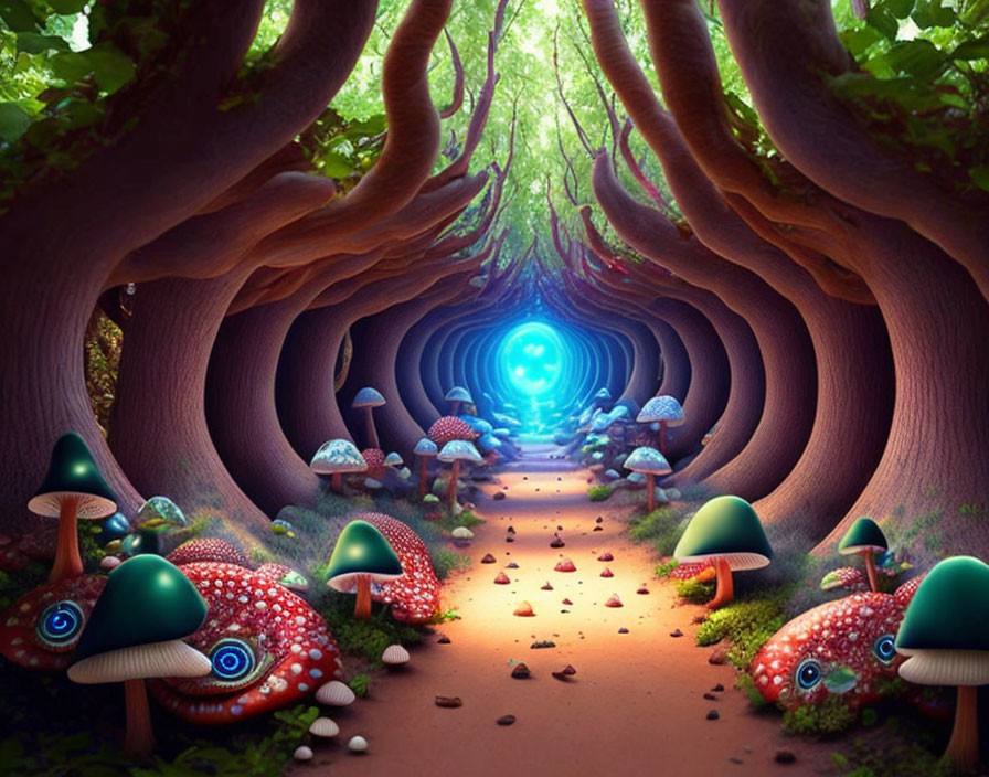 Enchanted forest pathway with oversized mushrooms and glowing blue orb