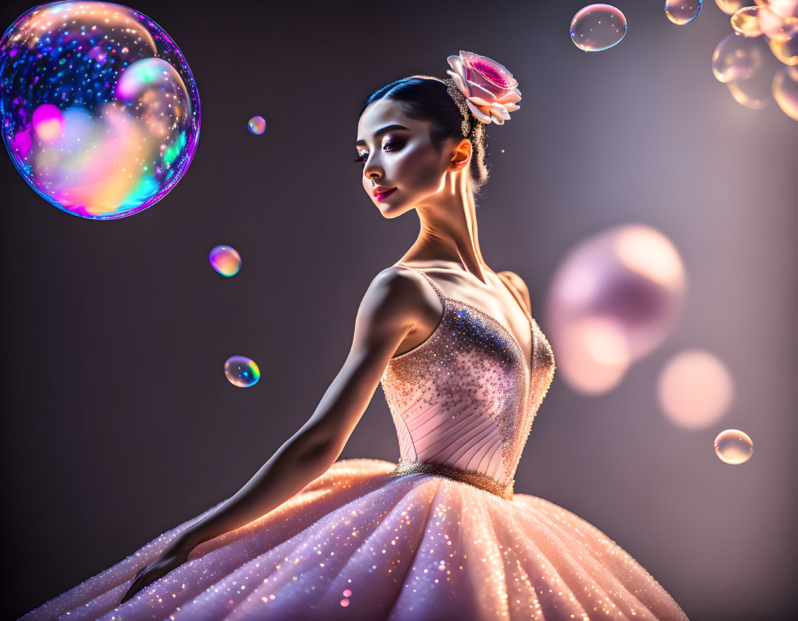 Ballerina in pink tutu with flower in hair surrounded by soap bubbles on dark stage