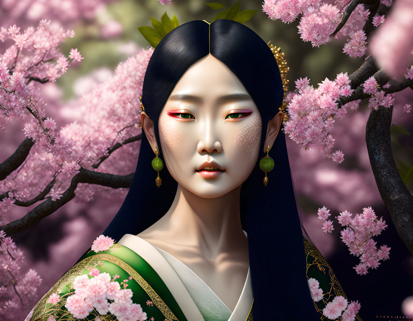 Illustrated portrait of woman with East Asian features in white and green attire with cherry blossom backdrop