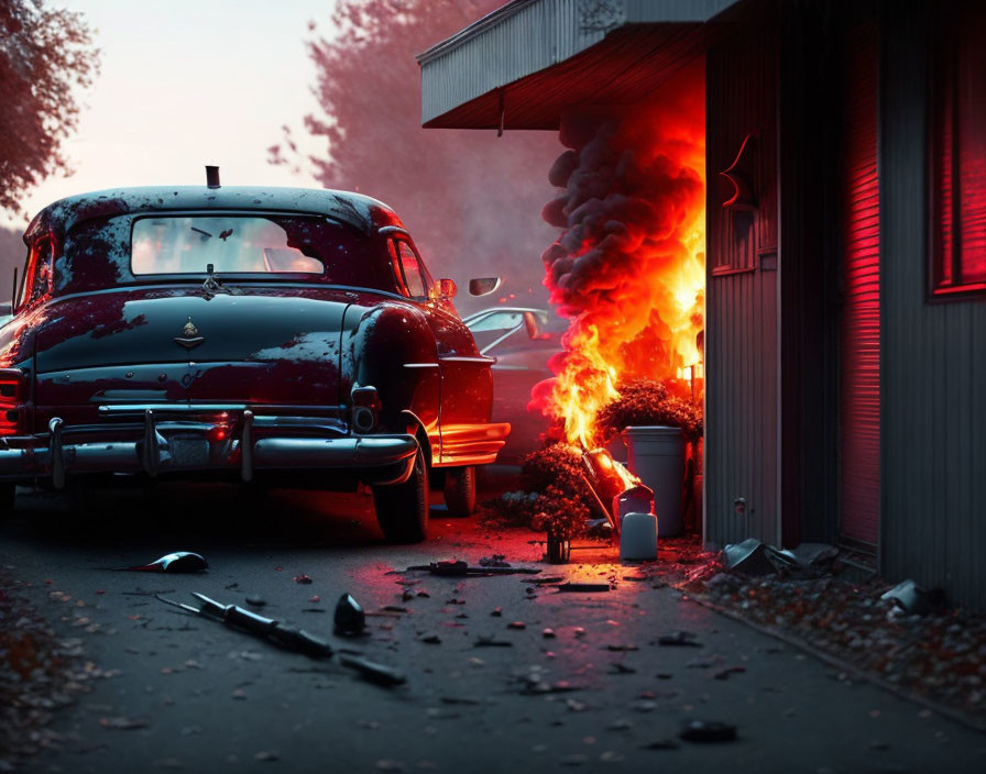 Vintage car parked near building with fiery flames, smoke, and debris.