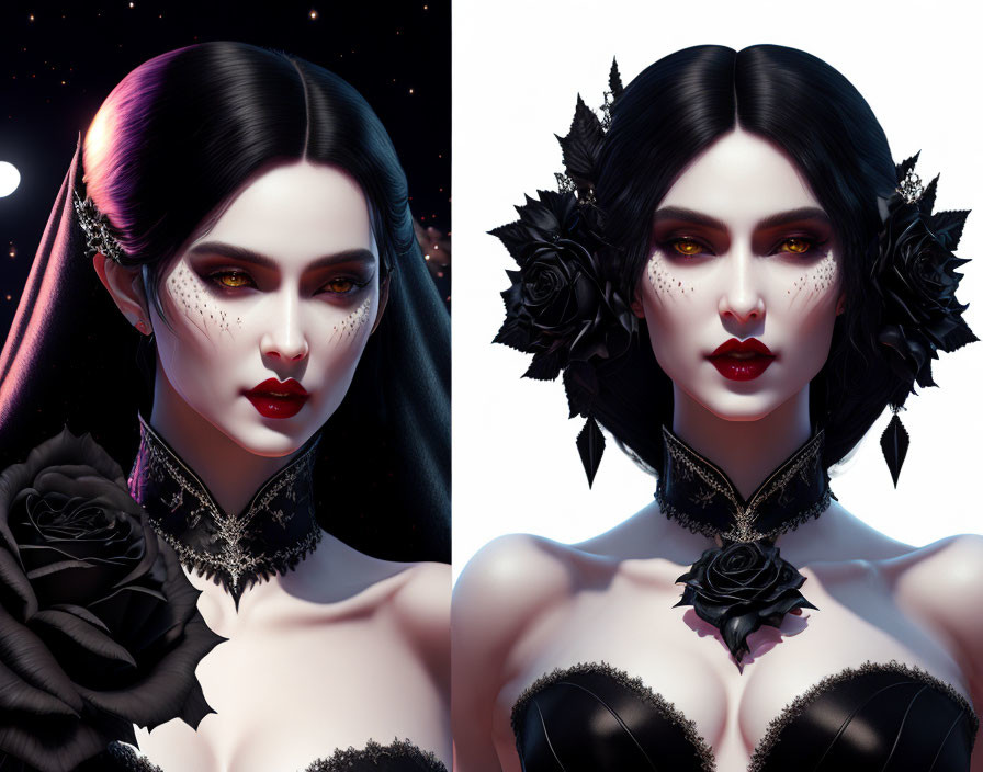 Digital artwork of pale-skinned woman with red lips, dark hair, black floral accessories, starry