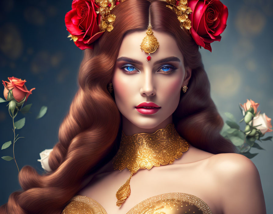 Woman with long wavy hair, red roses, gold jewelry, blue eyes, gold dress, and