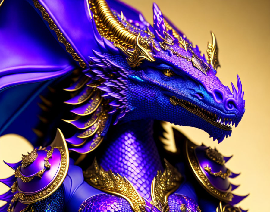 Blue and Gold Dragon Figurine with Purple Mane and Ornate Armor