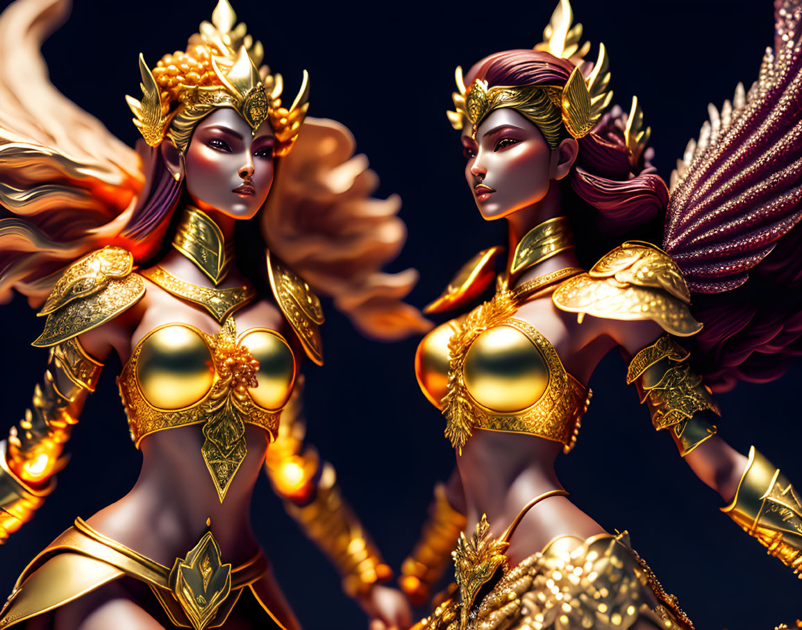 Stylized regal female warriors in ornate golden armor back-to-back