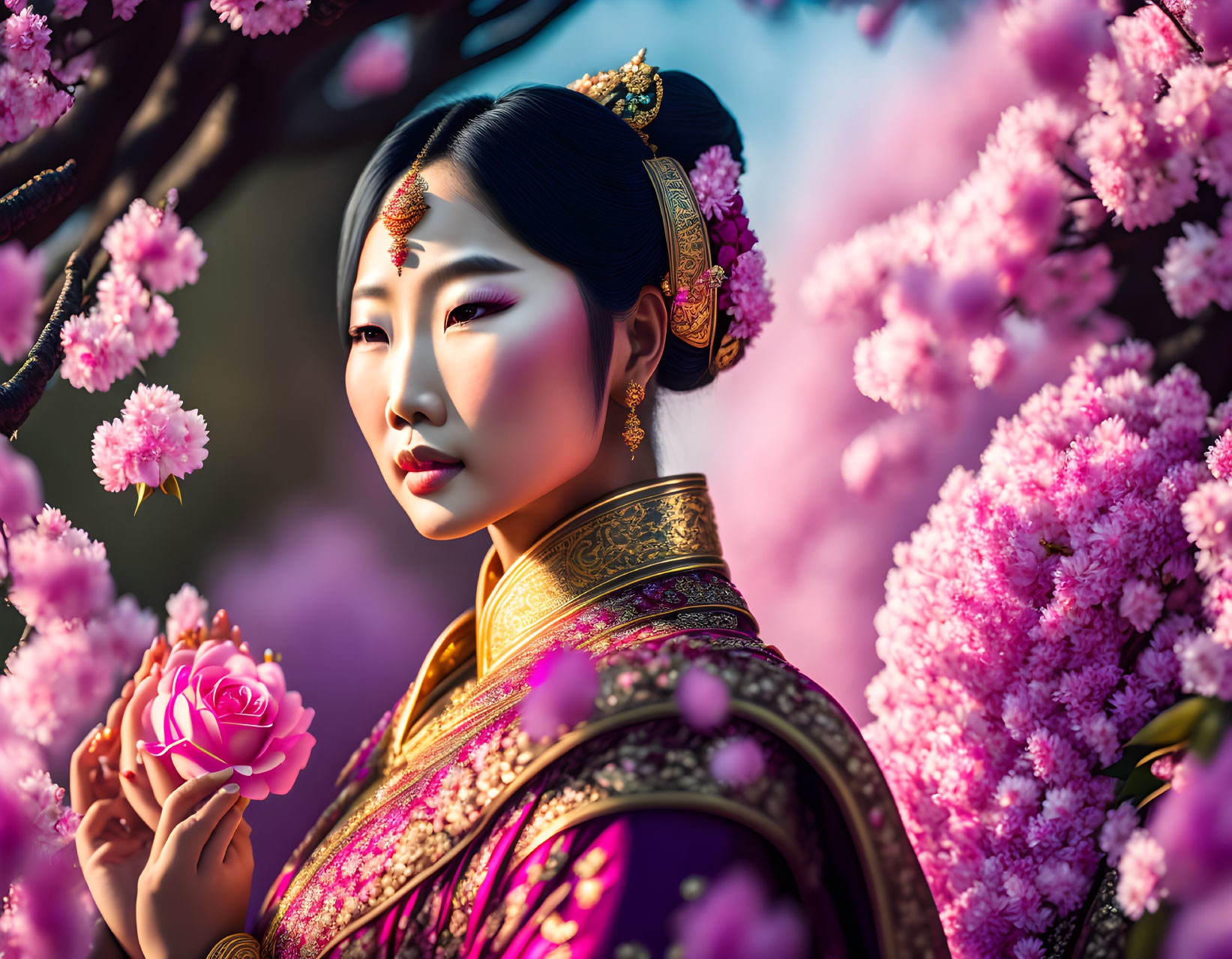 Traditional Asian Attire Woman with Pink Flower and Cherry Blossoms