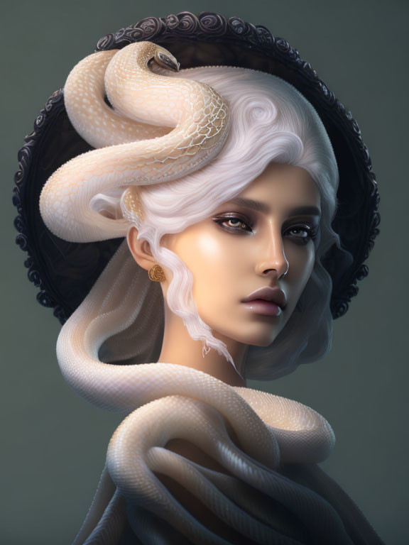 Digital art portrait of woman with pale skin and white hair intertwined with white snake on muted background