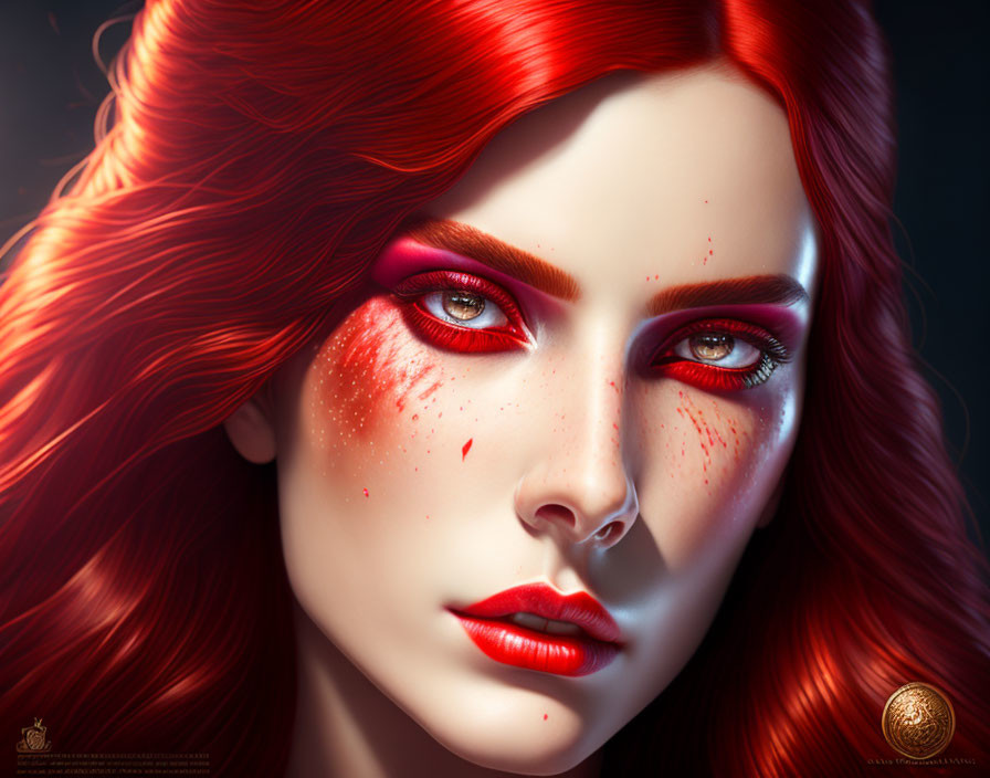 Vivid portrait of woman with flowing red hair and starry makeup