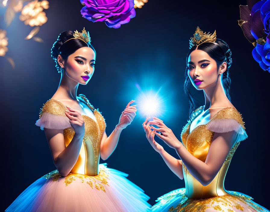 Two women in gold and peach dresses with ornate headdresses, holding a glowing orb amidst large flowers