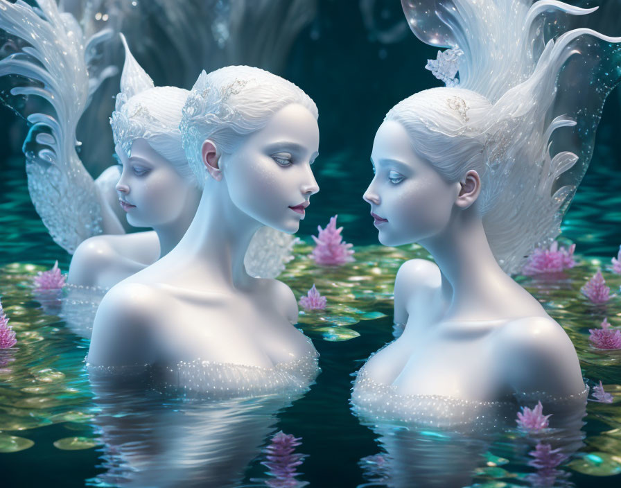 Surreal white-haired figures in water with lotus flowers