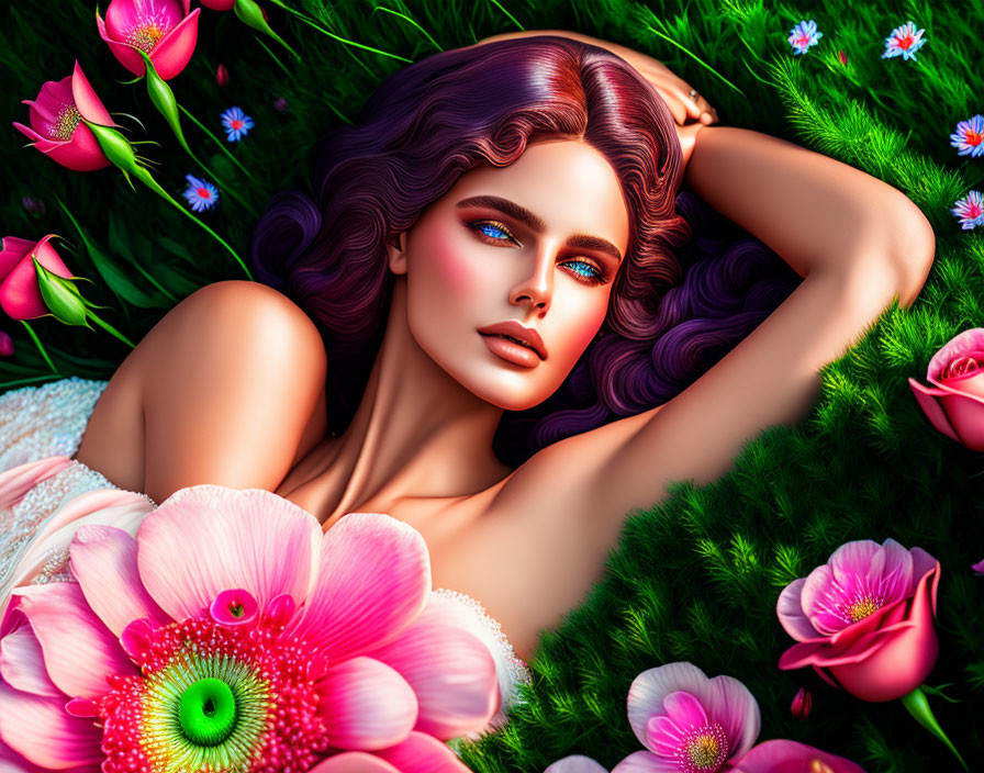 Digital artwork: Woman with Purple Hair Reclining Among Vibrant Flowers