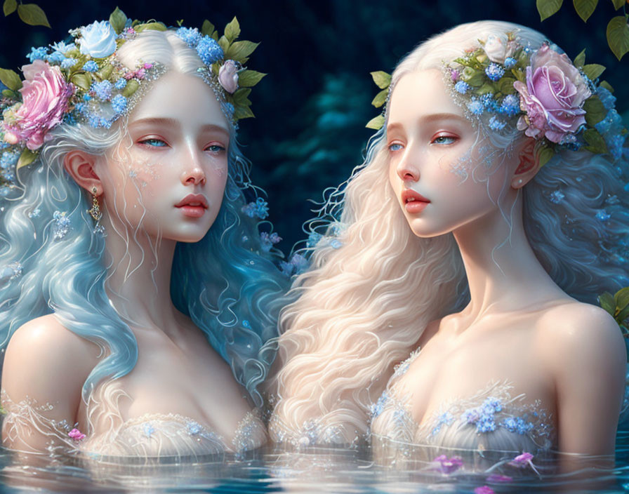 Ethereal figures with pale skin and flower-adorned hair on blue backdrop