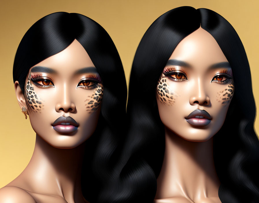 Illustrated portraits of woman with black hair and bold makeup