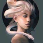 Digital art portrait of woman with pale skin and white hair intertwined with white snake on muted background