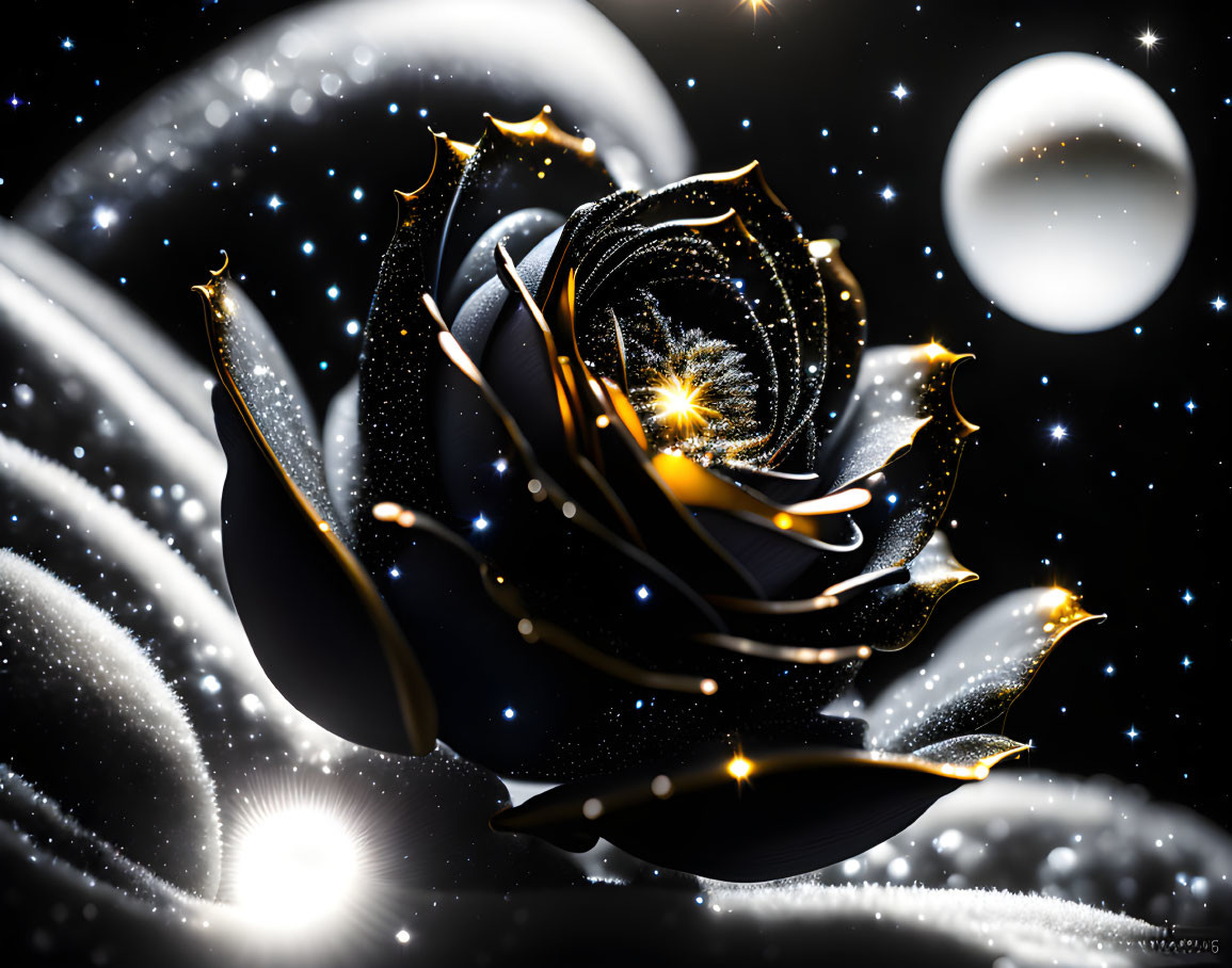 Stylized black rose digital art with gold accents on cosmic background