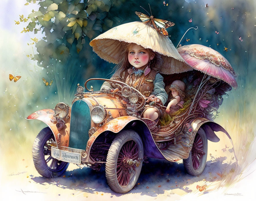 Fantasy illustration of young girl in vintage car with mushrooms and butterflies