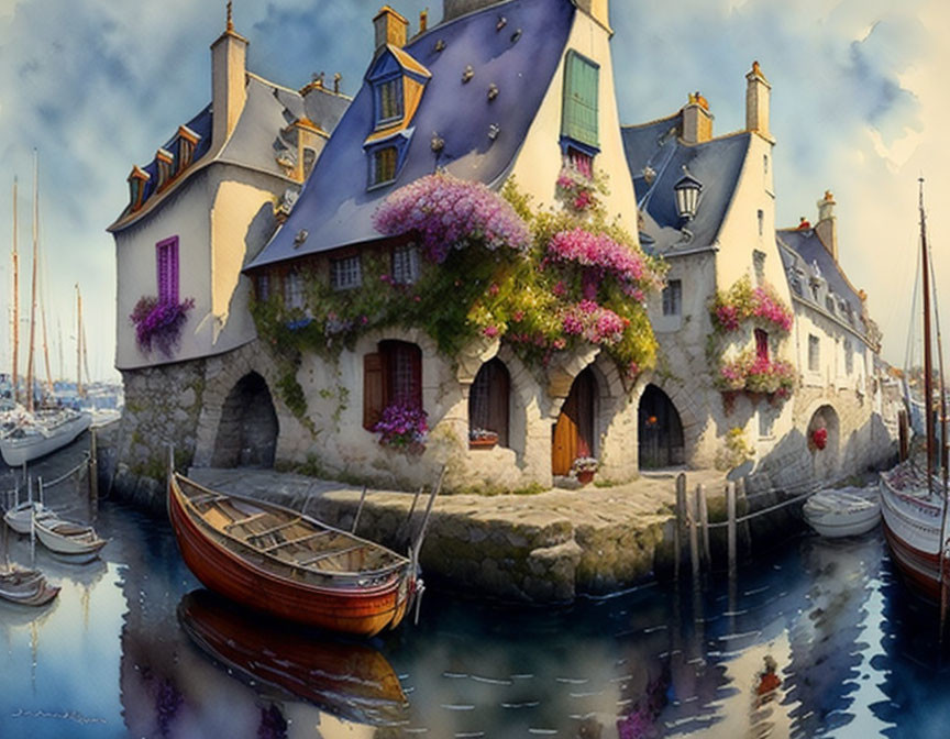 Picturesque waterside houses with blooming flowers and moored boats in a serene harbor.