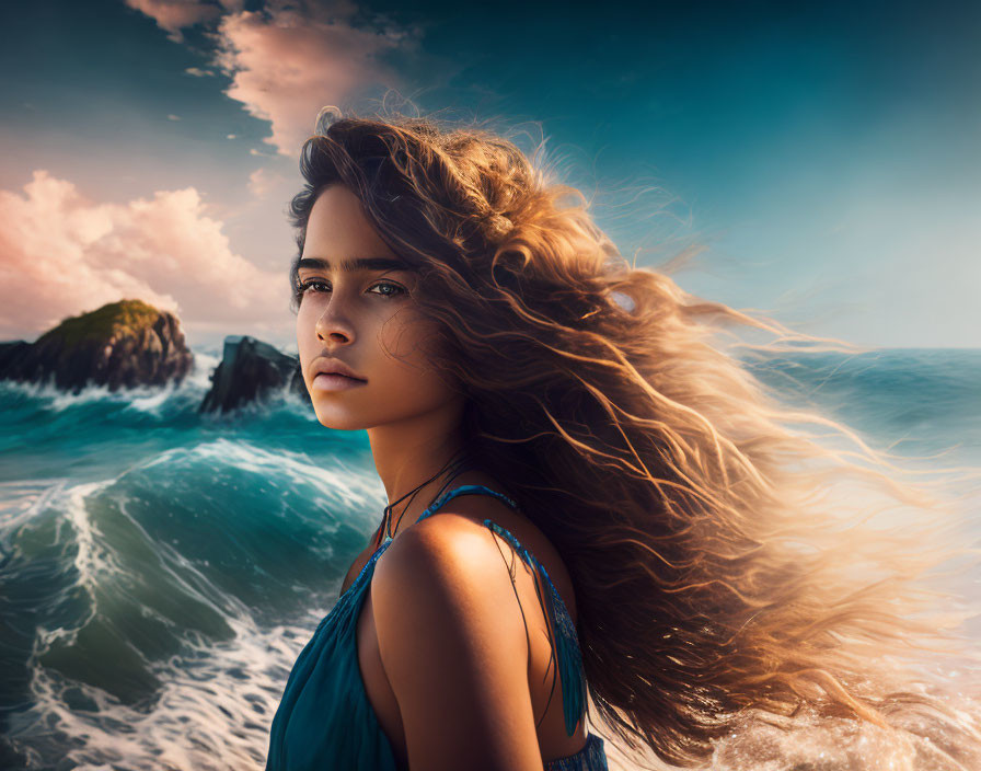 Woman with flowing hair by the sea under dramatic sky and rock formation