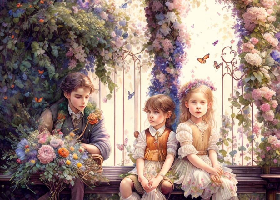 Three children on garden bench surrounded by lush flowers and butterflies.