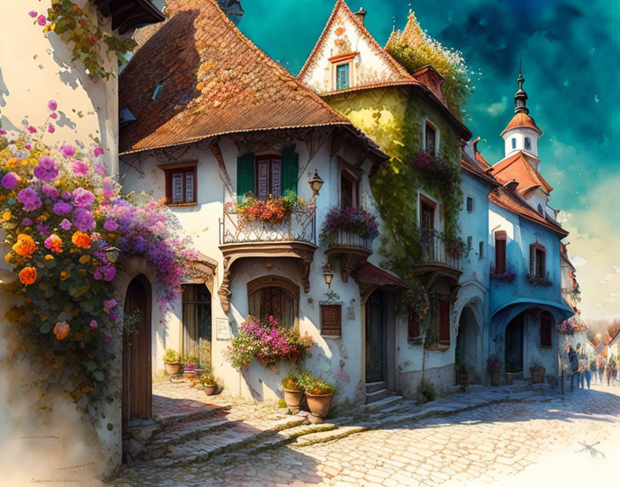 Enchanting fairy-tale village with cobblestone streets and colorful cottages