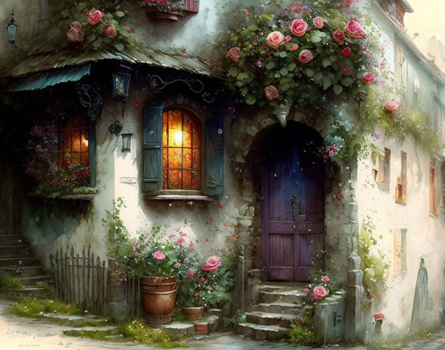 Stone cottage with wooden door, rose trellises, lit windows, lush greenery - inviting fairy