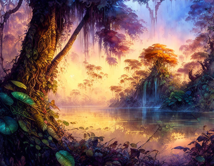 Ethereal forest scene with vibrant hues, tranquil lake, misty ambiance, lush foliage, gentle