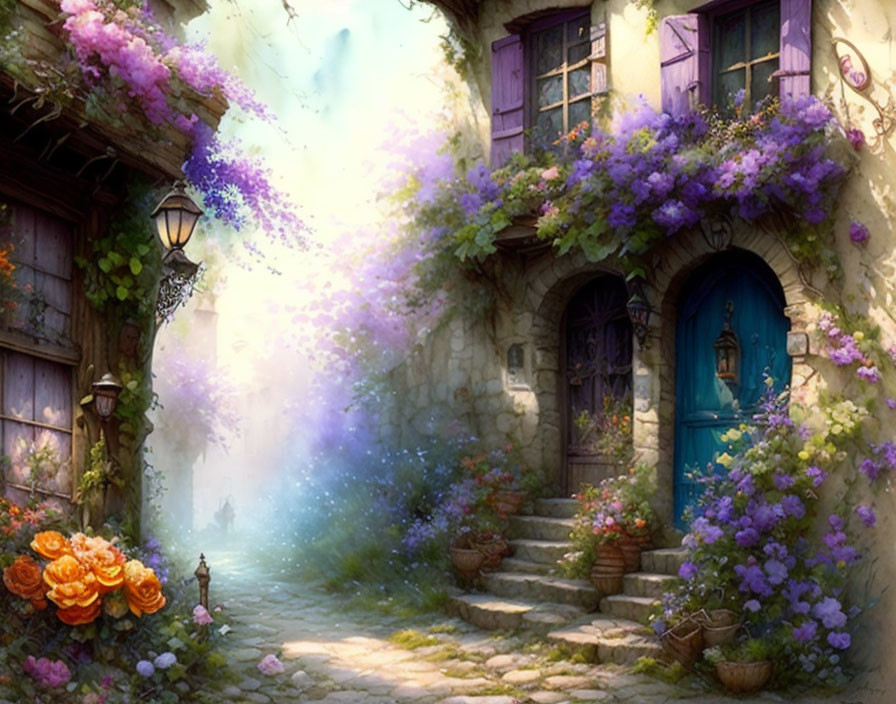 Stone Cottage with Violet Flowers and Blue Doors in Misty Atmosphere