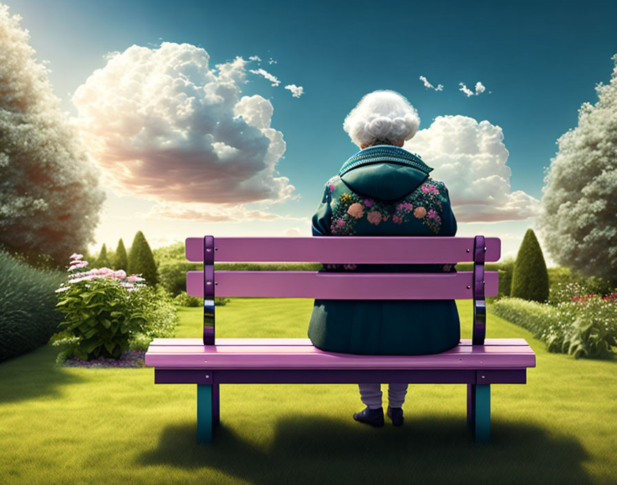 Elderly person on purple bench gazes at picturesque sky and lush green surroundings