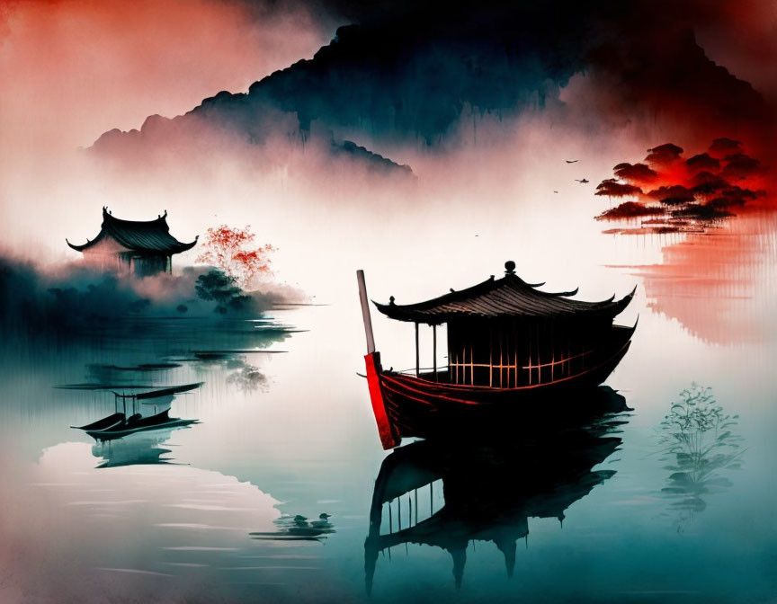 Traditional Chinese boats, pagodas, and misty mountains on serene waters