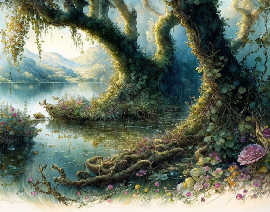 Enchanted forest scene with twisted trees, lush greenery, flowers, serene lake, and mist