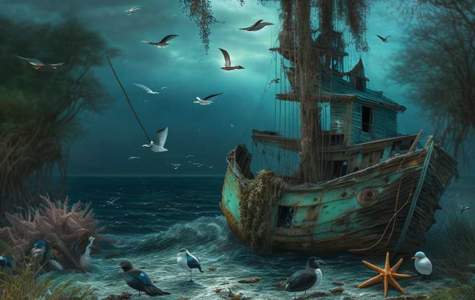 Abandoned shipwreck on stormy sea coast with seagulls and starfish.