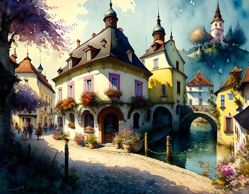 Colorful Fantasy Artwork: Idyllic Village Scene with Cobblestone Bridge