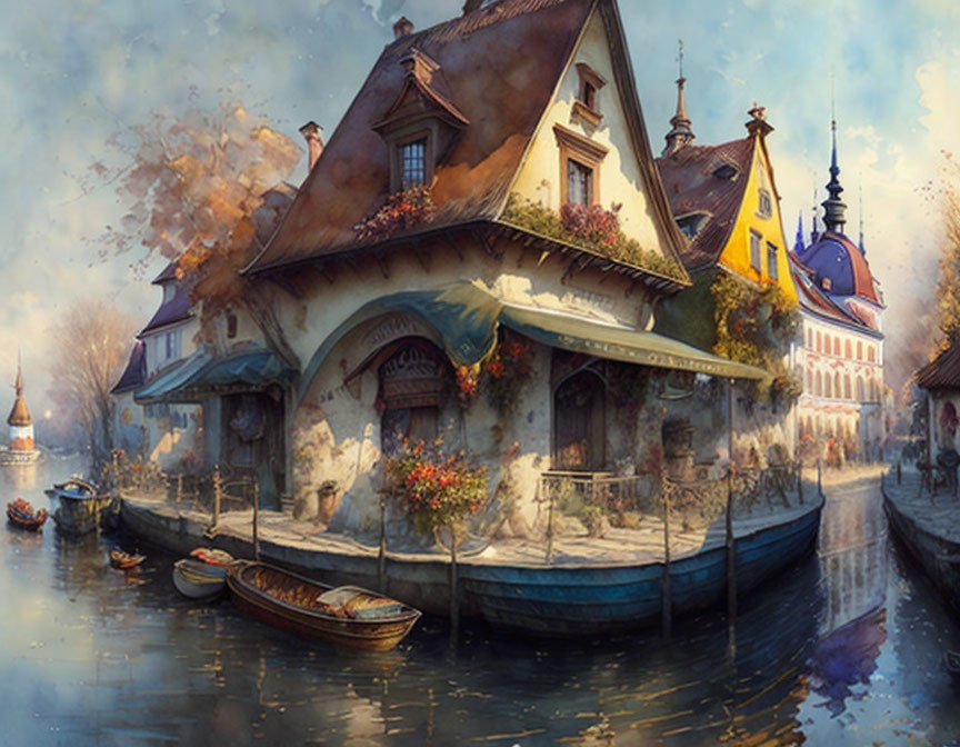 European village painting: canal, boats, cobblestone streets, old-world architecture