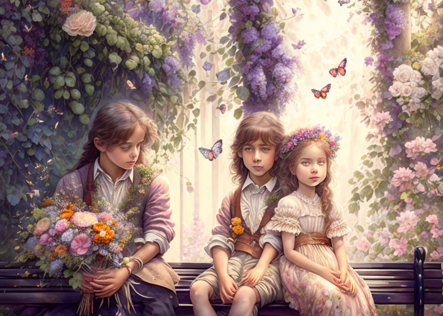 Children sitting on bench with flowers and butterflies.