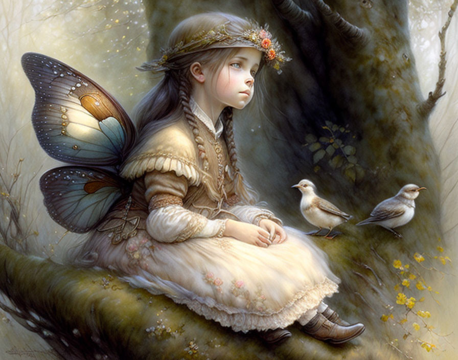 Illustration of girl with butterfly wings in enchanted forest.