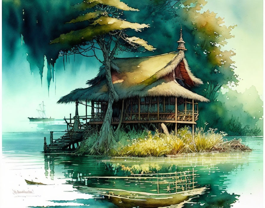 Traditional stilt house by calm lake with boat, greenery, distant sailboat