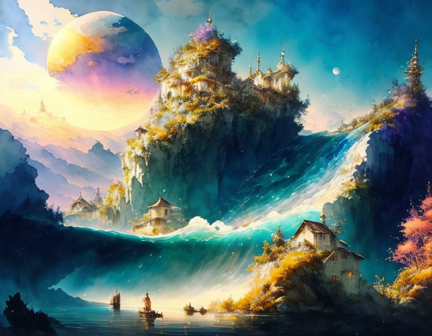 Fantastical landscape painting: Full moon, ancient temples, cascading cliff, waterfalls, serene