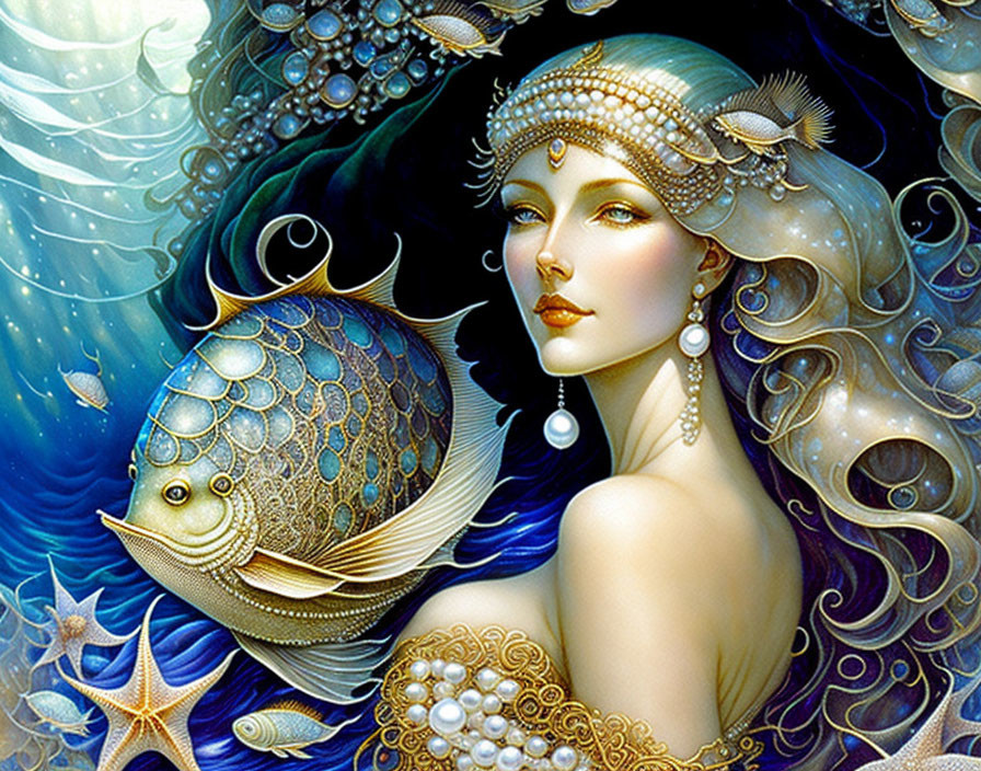 Fantasy sea-themed illustration with fair-skinned woman and aquatic elements