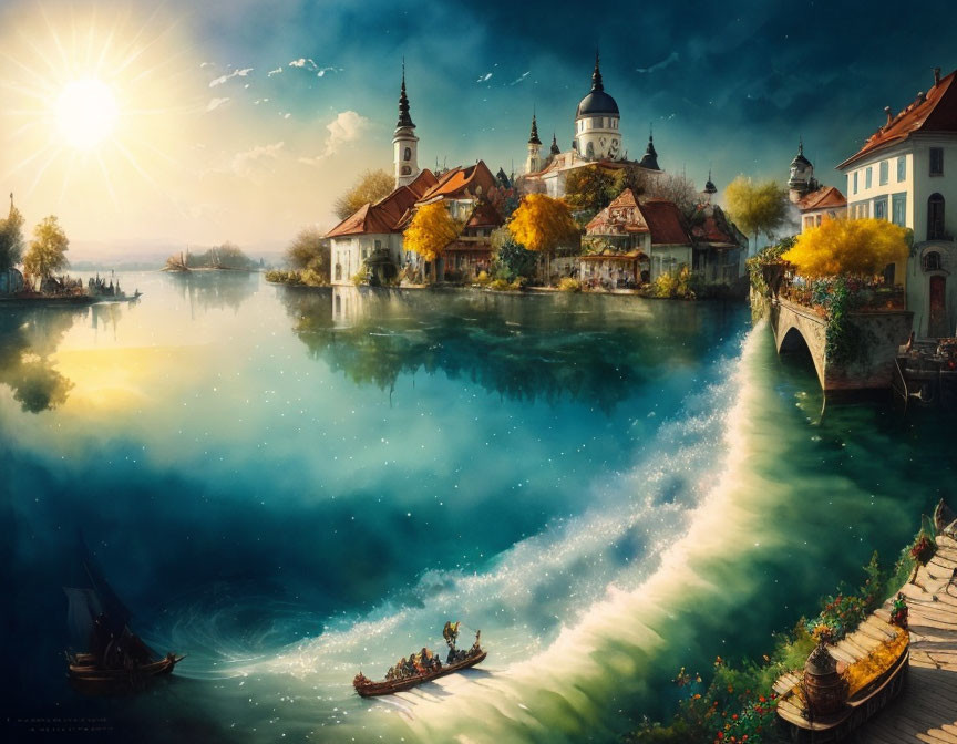 Baroque riverside town artwork with boats and luminous sun