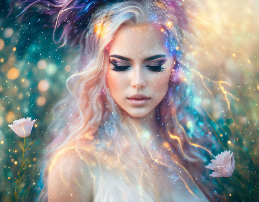 Digital artwork: Woman with flowing hair in mystical setting