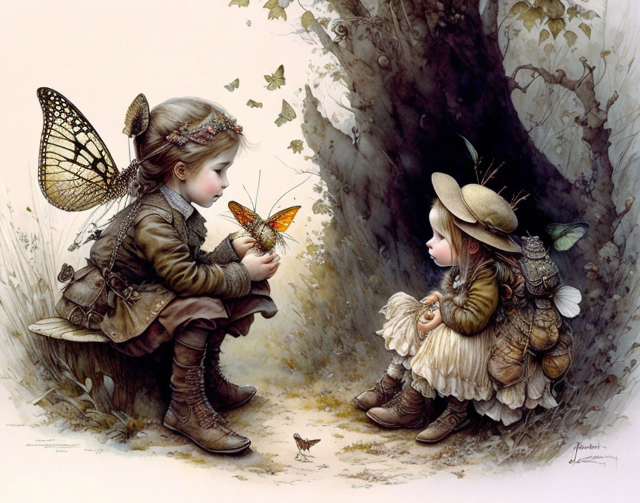 Children with butterfly wings in fairy tale setting sitting opposite each other