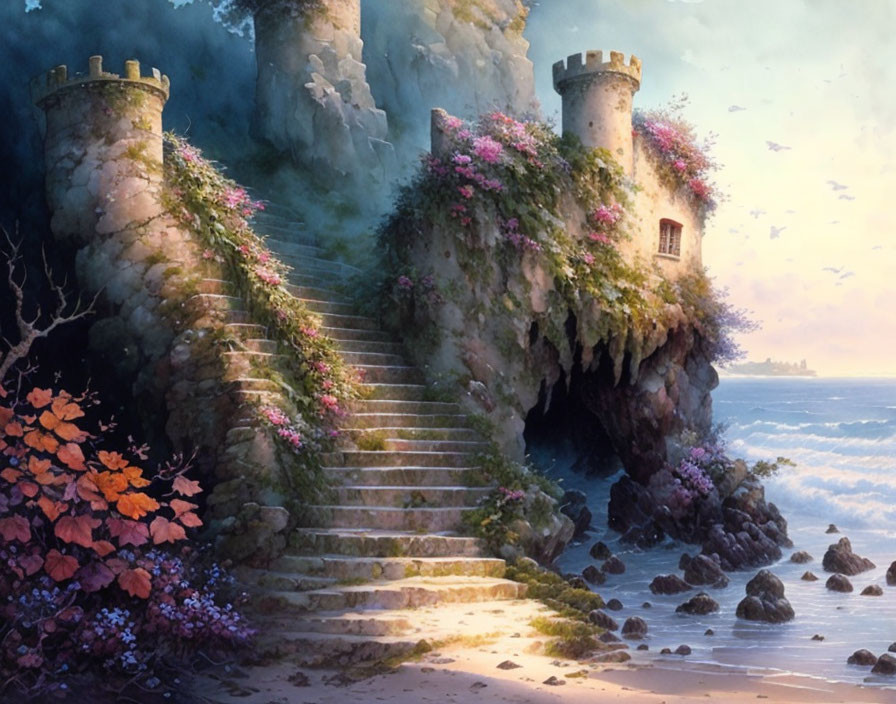 Ancient stone staircase to castle by colorful flowers overlooking sea