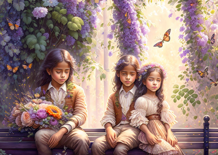 Three children on bench in magical garden with butterflies