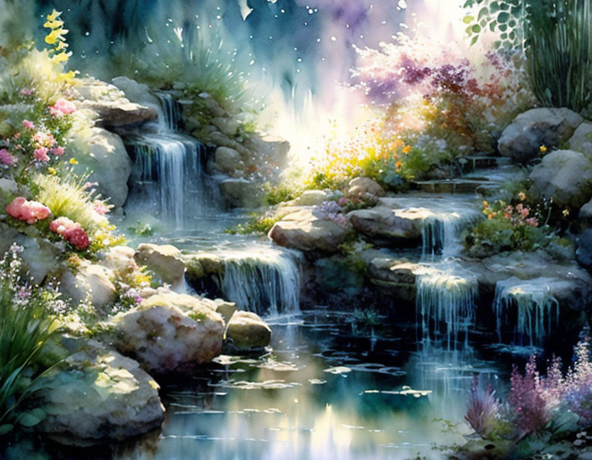 Tranquil Watercolor Painting of Lush Garden with Waterfalls