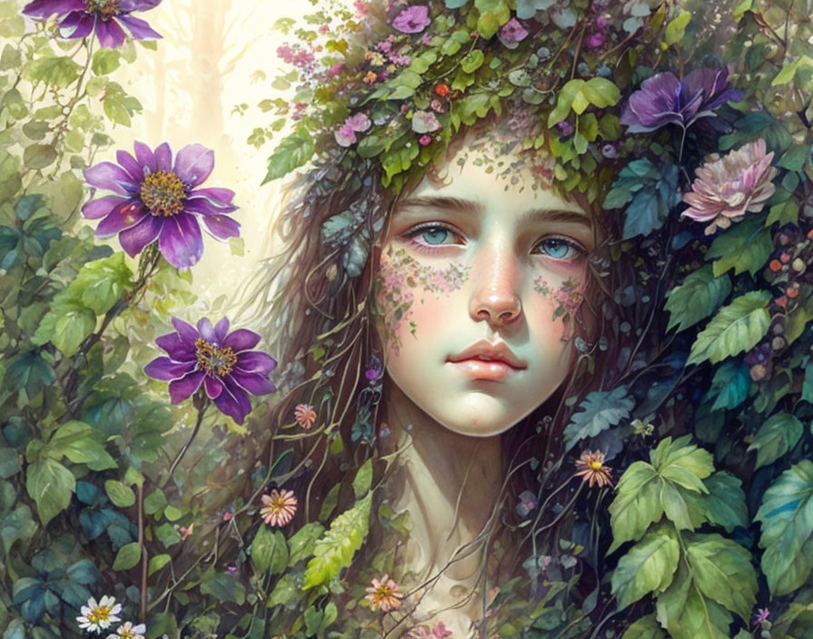 Illustration of girl with floral hair adornments in lush greenery and purple flowers