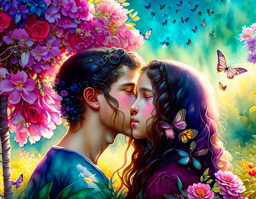 Vibrant flowers and butterflies surround a young couple with foreheads touching