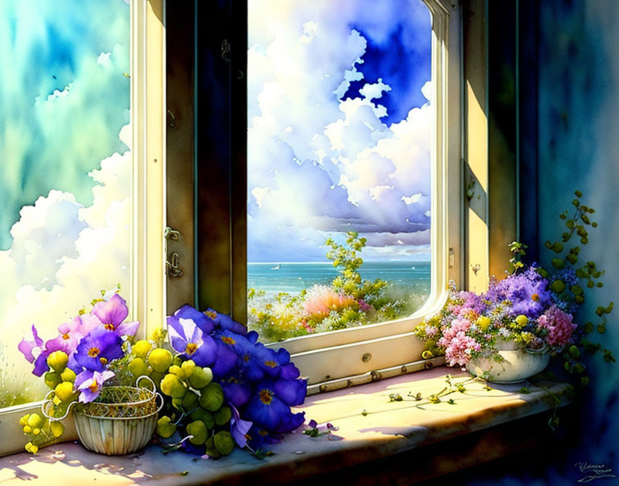 Serene sea view through open window with flowers and grapes