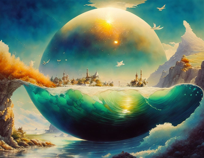 Fantastical landscape with giant wave, castles, soaring birds, and massive planet in the sky